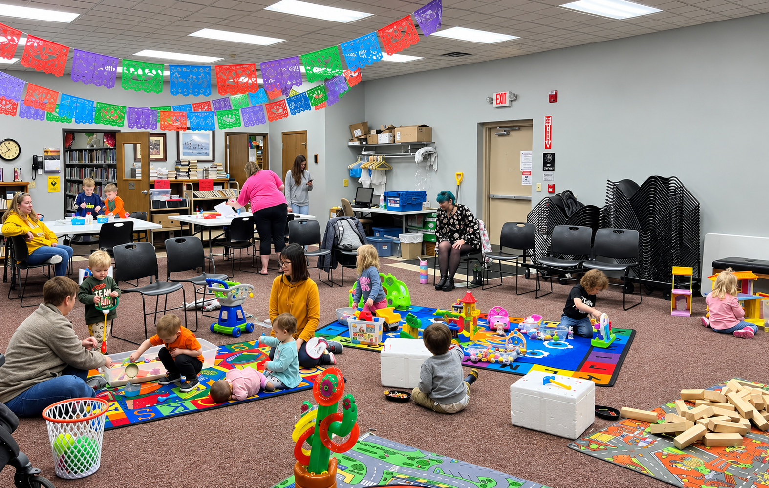 Families playing at a block party event